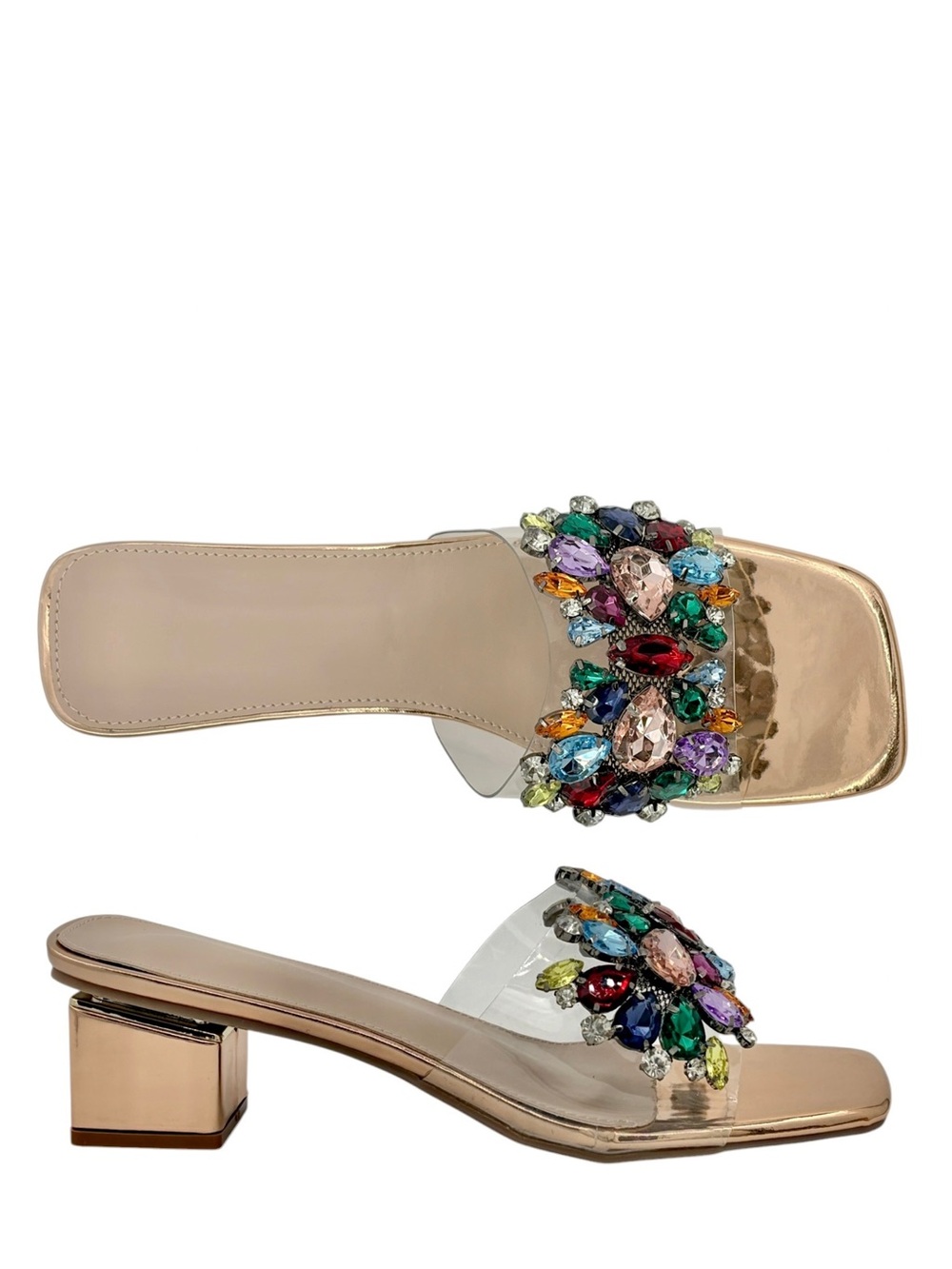 new Jewel-Embellished Rose Gold Slide Sandals + Box